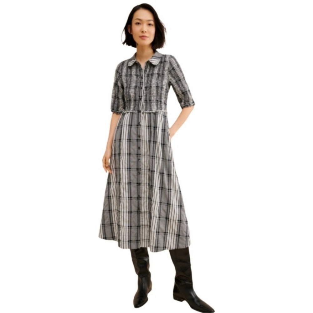 Anthropologie Maeve Dress Short-Sleeve Smocked Midi Shirtdress Black White